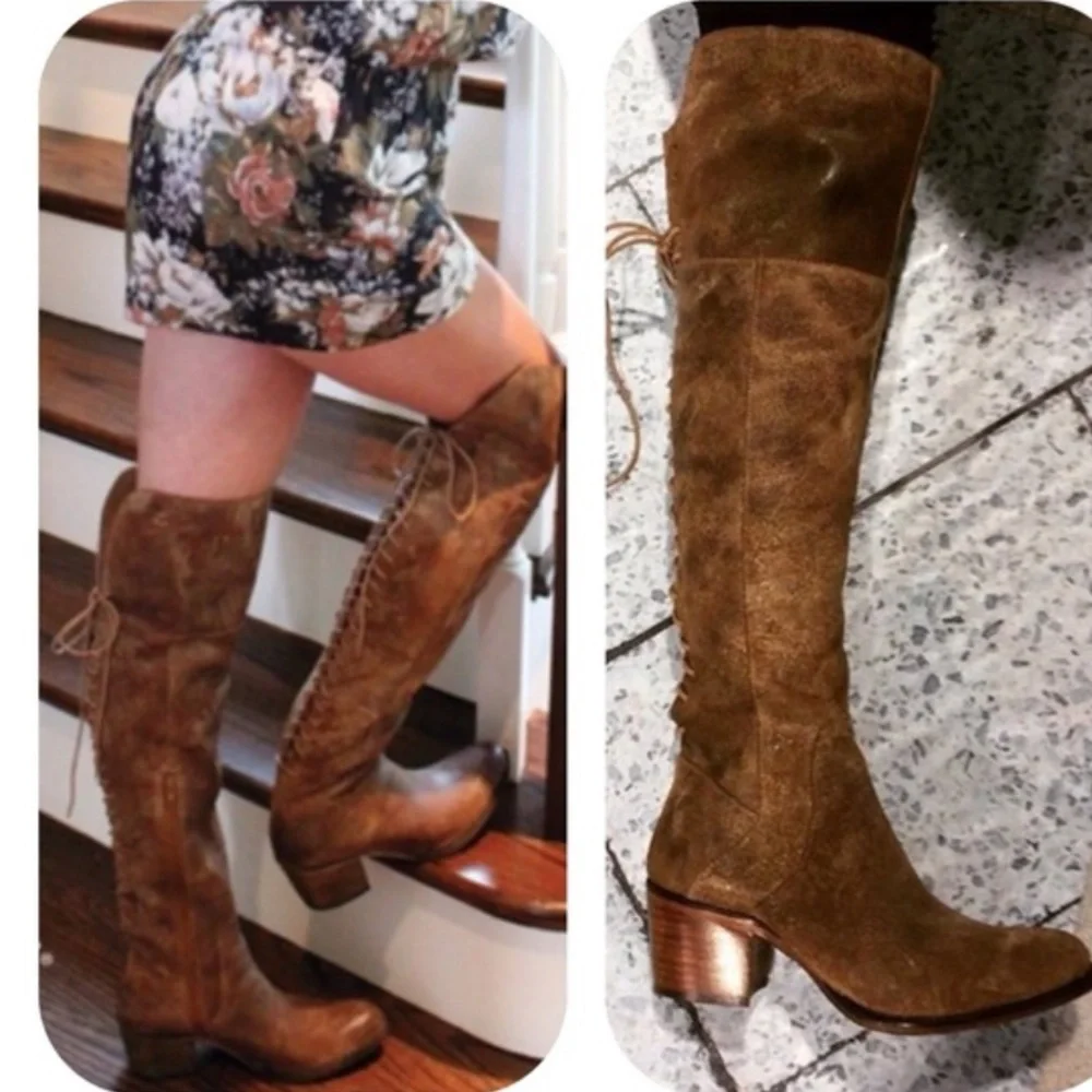 Diba True Sunset Sail Brown Leather Over the‎ Knee Distressed Boots Size 8.5